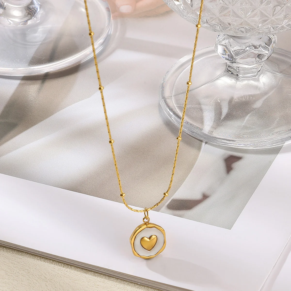 White Enamel Heart Pendant Necklace for Women Beads Chain Charm Necklaces 2025 Trend Gold Color Stainless Steel Jewelry collar