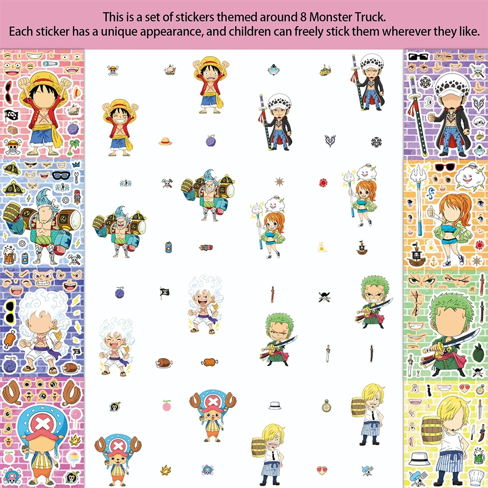 8/16sheets Cute Luffy Zoro Anime One Piece Puzzle Stickers Make a Face DIY Cartoon Assemble Jigsaw Decals Theme Party Decoration