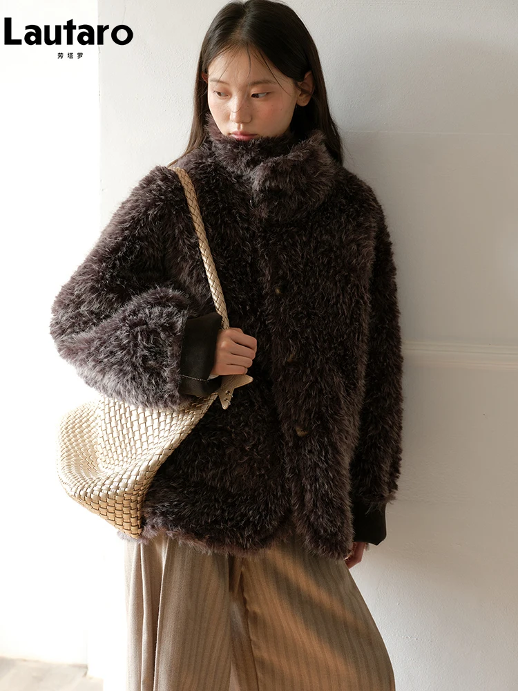 Lautaro Winter Thick Warm Brown Reversible Rhinestone Coat for Women Fluffy Jacket Luxury Designer Clothes Runway Fashion 2026