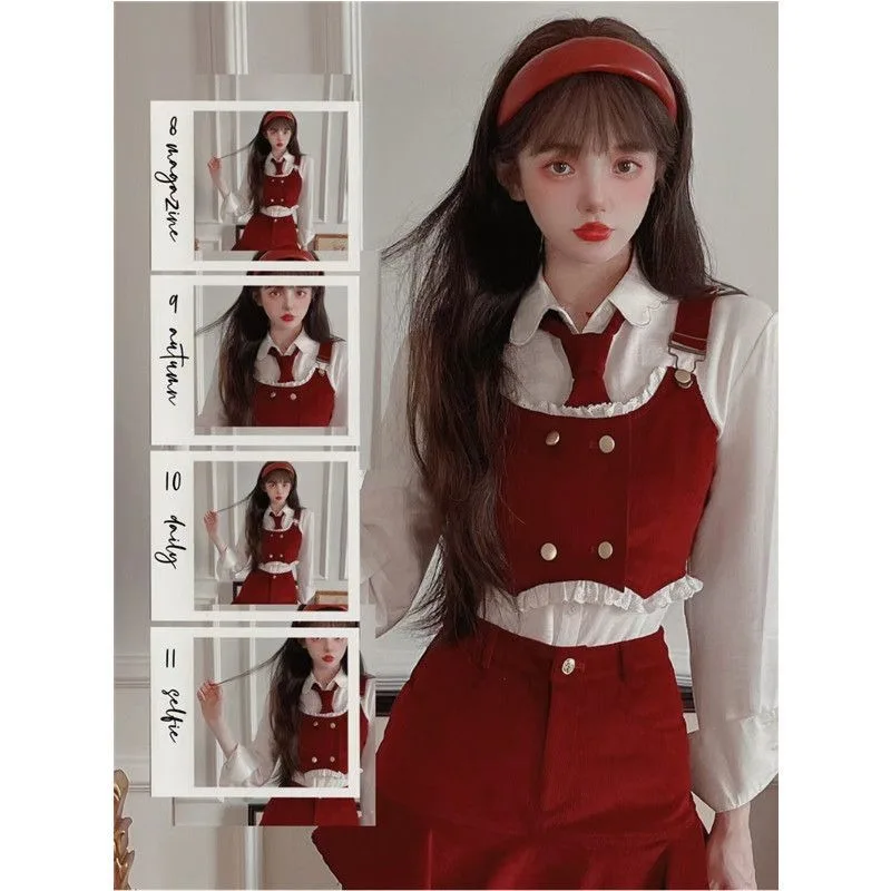 Sweet Academy Shirt Vest Fishtail Skirt Three Piece Set Women Korean Tie Splice Vintage Spicy Girl Solid Slim Autumn Cute Suit