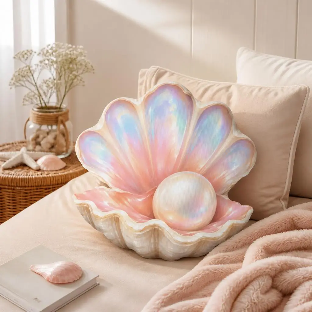 Pearl Oyster Shell Shaped Throw Pillow Irregular Stuffed Cushion Coastal Ocean Floor Pillow Sofa Bedroom Home Decor Gift