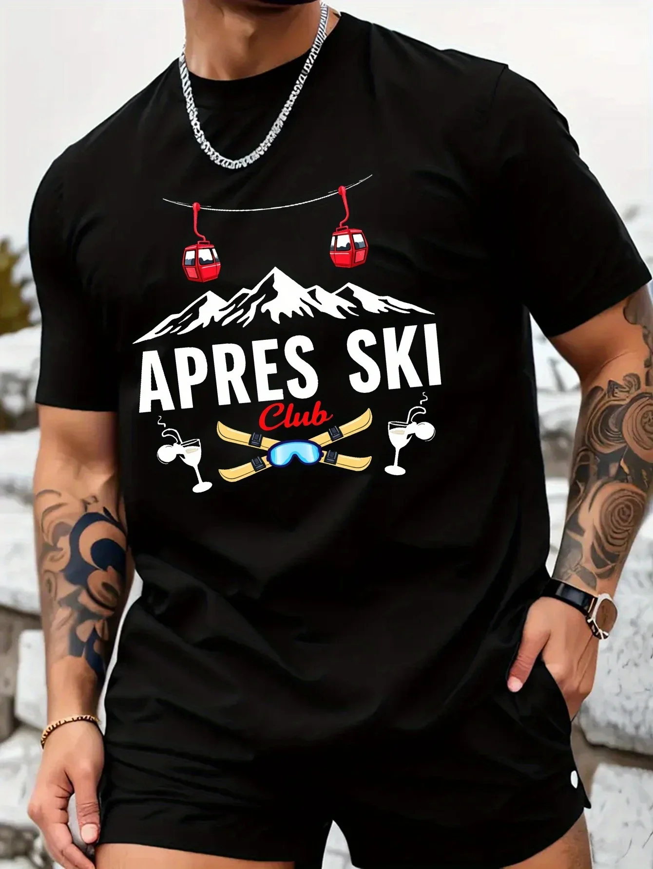 APRES SKI Club Ski Club Mountain Cable Car Ski Shirt, Wine Print Men's 100% Cotton Casual Crew Neck Short Sleeve Top
