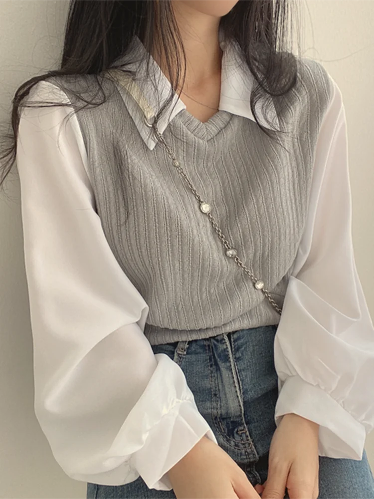 Jmprs Fashion Patchwork Women Blouse Knitted Korean Lantern Long Sleeve Pullover Short Tops Chic Turn Down Collar Ladies Tops