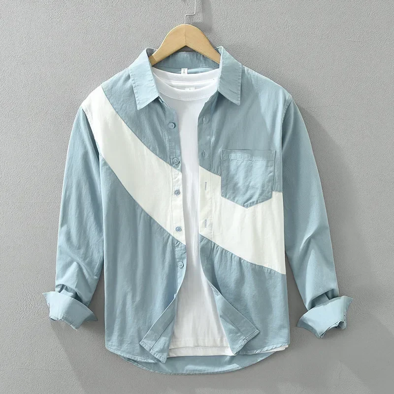 

Japanese Vintage Patchwork Shirt Men Spring Fall Long Sleeve Cargo Shirt Comfort Pure Cotton Casual Shirts Fashion Mens Clothing