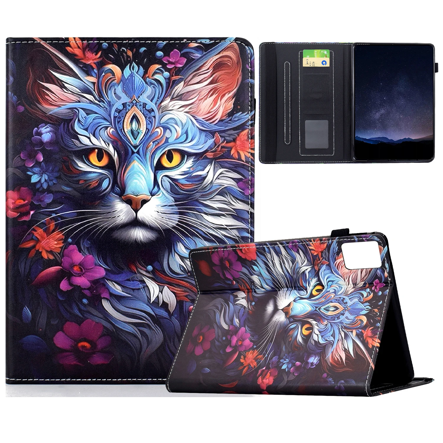 

For Lenovo Tab M9 Leather Case Pattern Print Card Slots Stand Auto Sleep Wake Tablet Cover - Colorful Cat