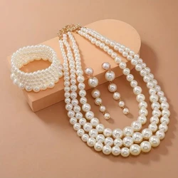 3 PCS Fashion Multi-layer Pearl Necklaces Long Tassel Earrings Bracelet For Women Chic Pearl Bridal Jewelry Ladies Gift