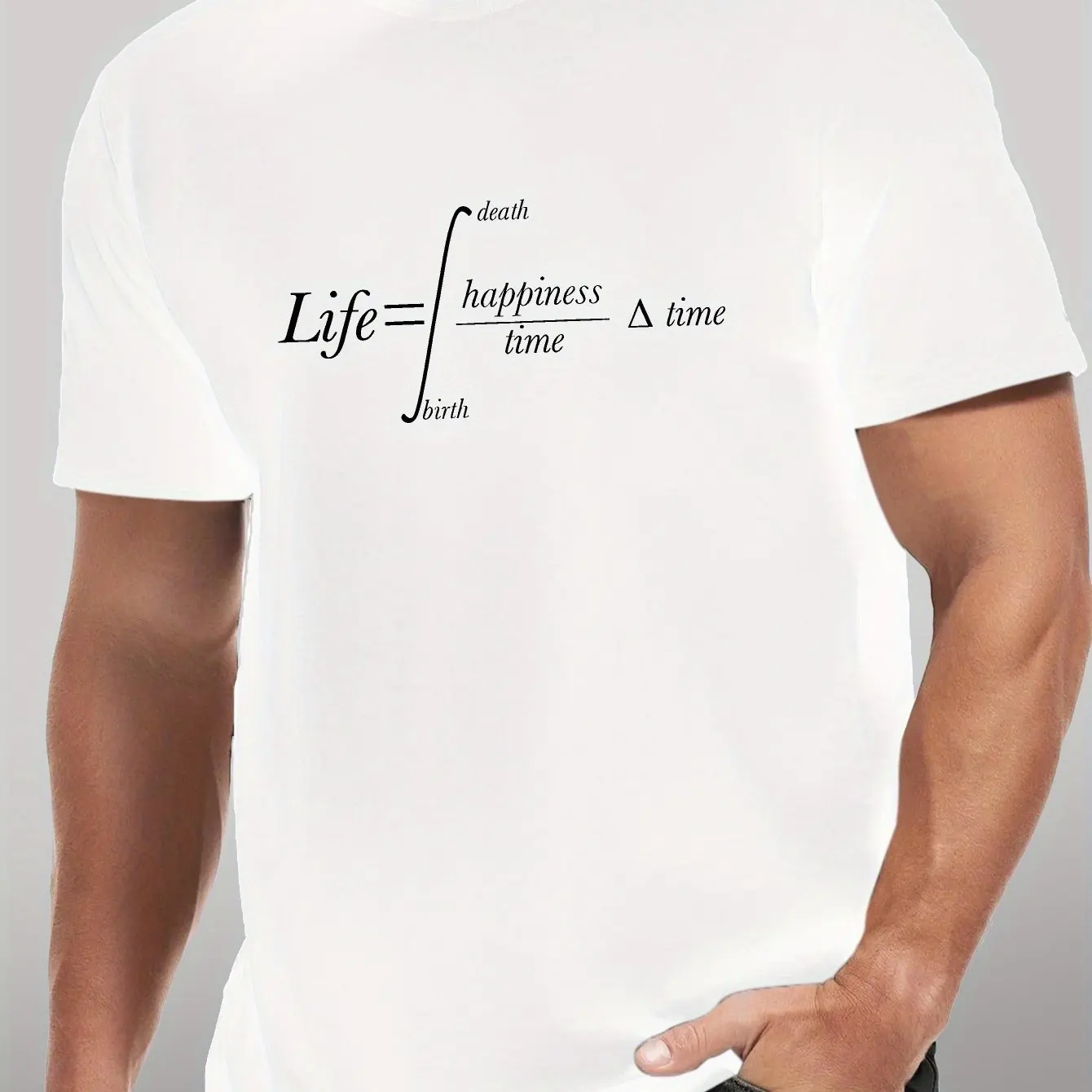 تي شيرت رجالي كاجوال بطبعة هندسية ورقبة دائرية وأكمام قصيرة مع تصميم المعادلة البيضاء ملابس رجالية مريحة