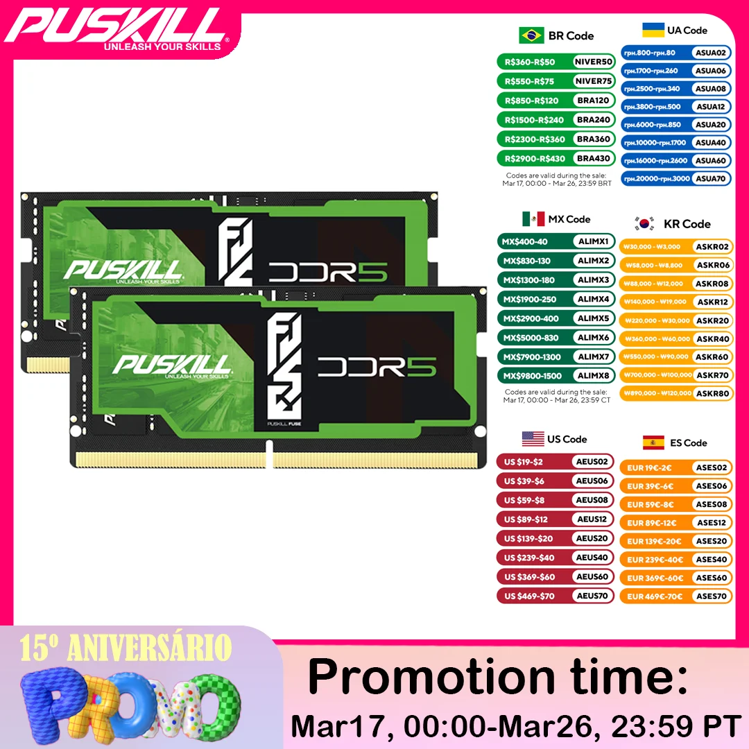 PUSKILL DDR5 Notebook RAM  32GB 16GB 8GB 1.1V 262-Pin 5600MHz 5200MHz 4800MHz CL46 CL42 CL40 for Laptop SODIMM Memory