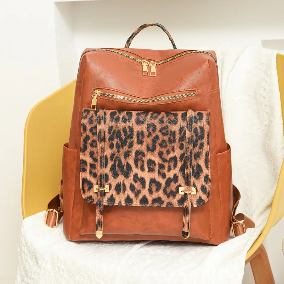 Bolsa feminina vintage de couro de alta qualidade mochila casual leopardo impressão mochila grande capacidade saco de compras para mulher 2025