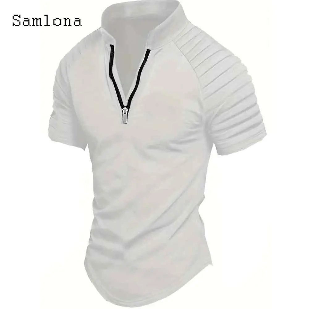 2025 Men's Short Sleeve Ruched T-shirt American and European Style Fashion Zipper Fly Tops Gray White Casual Basic Pullovers New