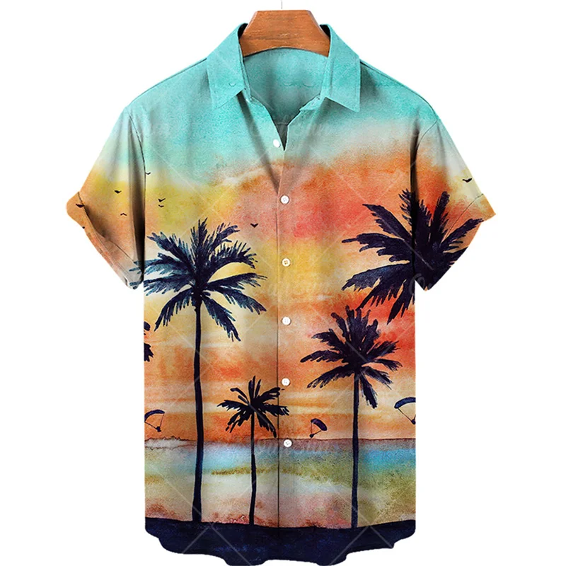 Men\'s Summer Sunset Floral Hawaiian Short Sleeve Shirt Casual Social Original Beach Vacation Goth Harajuku Luxury Y2k Clothing