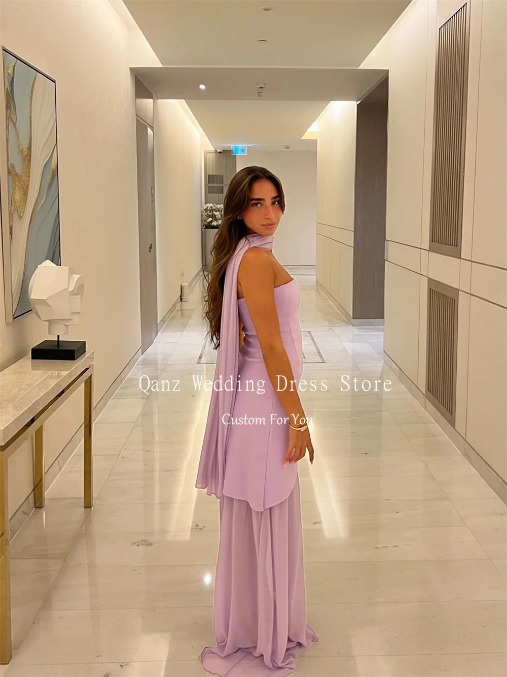 Qanz Lilac Evening Dresses Strapless Ribbons Satin And Chiffon Vestidos De Festa Backless Long Women Prom Dress Customized