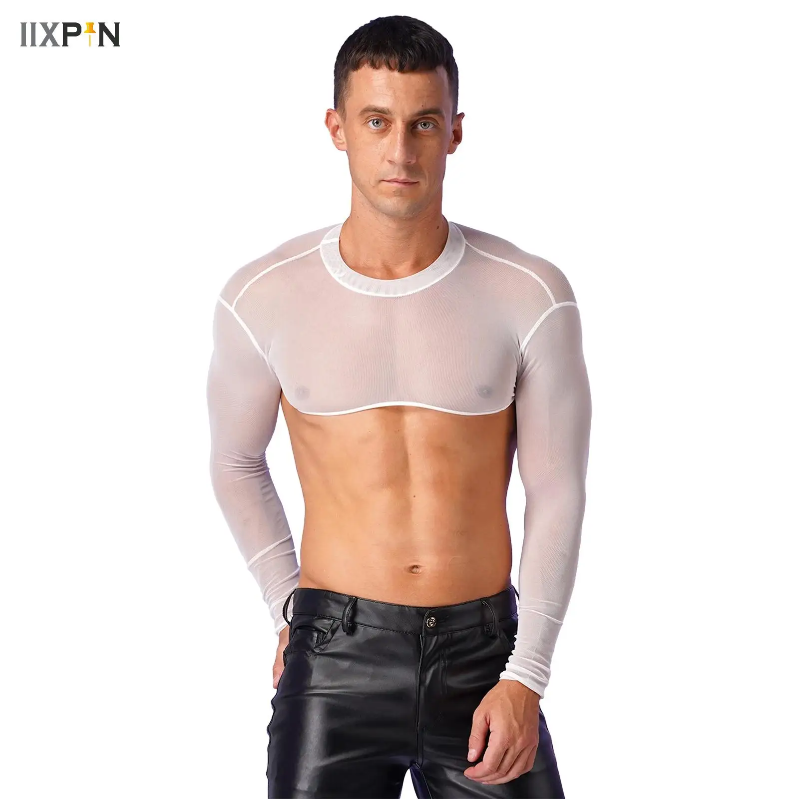 Men Cropped T Shirt Mesh See Through Long Sleeve Sexy Tee Cropped Tops Cover Ups Underwear Streetwear Party Nightclub Camisetas