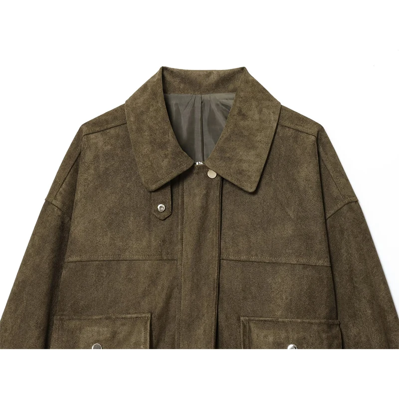 YENKYE 2025 Women Autumn Winter Faux Leather Bomber Jacket Front Zipper Long Sleeve Pockets Streetwear Outerwear Loose Coat