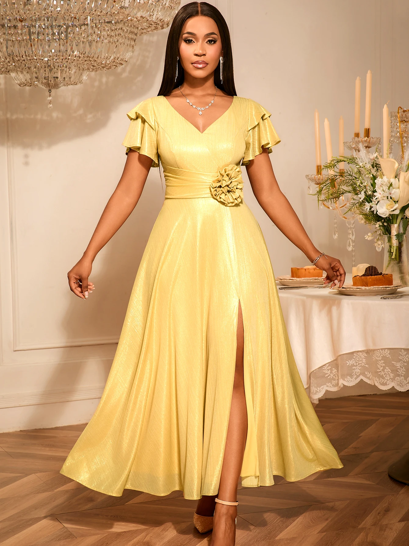 

Элегантное платье макси с V-образным вырезом и рукавом-бабочкой, 3D-цветочный пояс с боковым разрезом, идеально подходящее для свадеб, показ галактики, изящный стиль