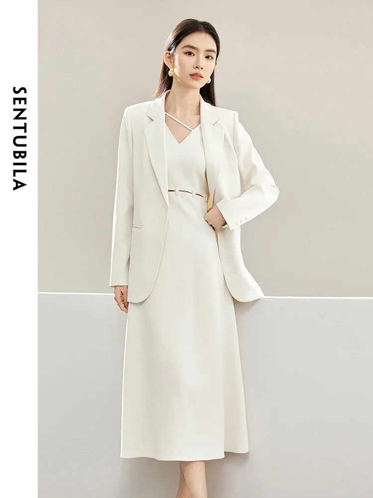 SENTUBILA Two Piece Blazers Dress Suit for Women 2024 Spring Autumn Sexy Hollow-out Waist Midi Tank Dress Matching Set 141Z53141