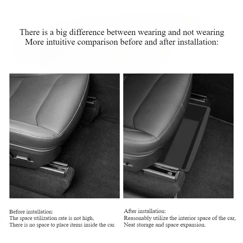 For Tesla Model Y Juniper 2025 Front Under Seat Storage Box Organizer Underseat Hidden Store Space Bins Chair Tray Accessories