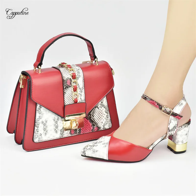 Red Women Shoes And Bag Set African LadiesPointed Toes Pumps Match With Handbag  Party Sandals Femmes Sandales Escarpins 958-9