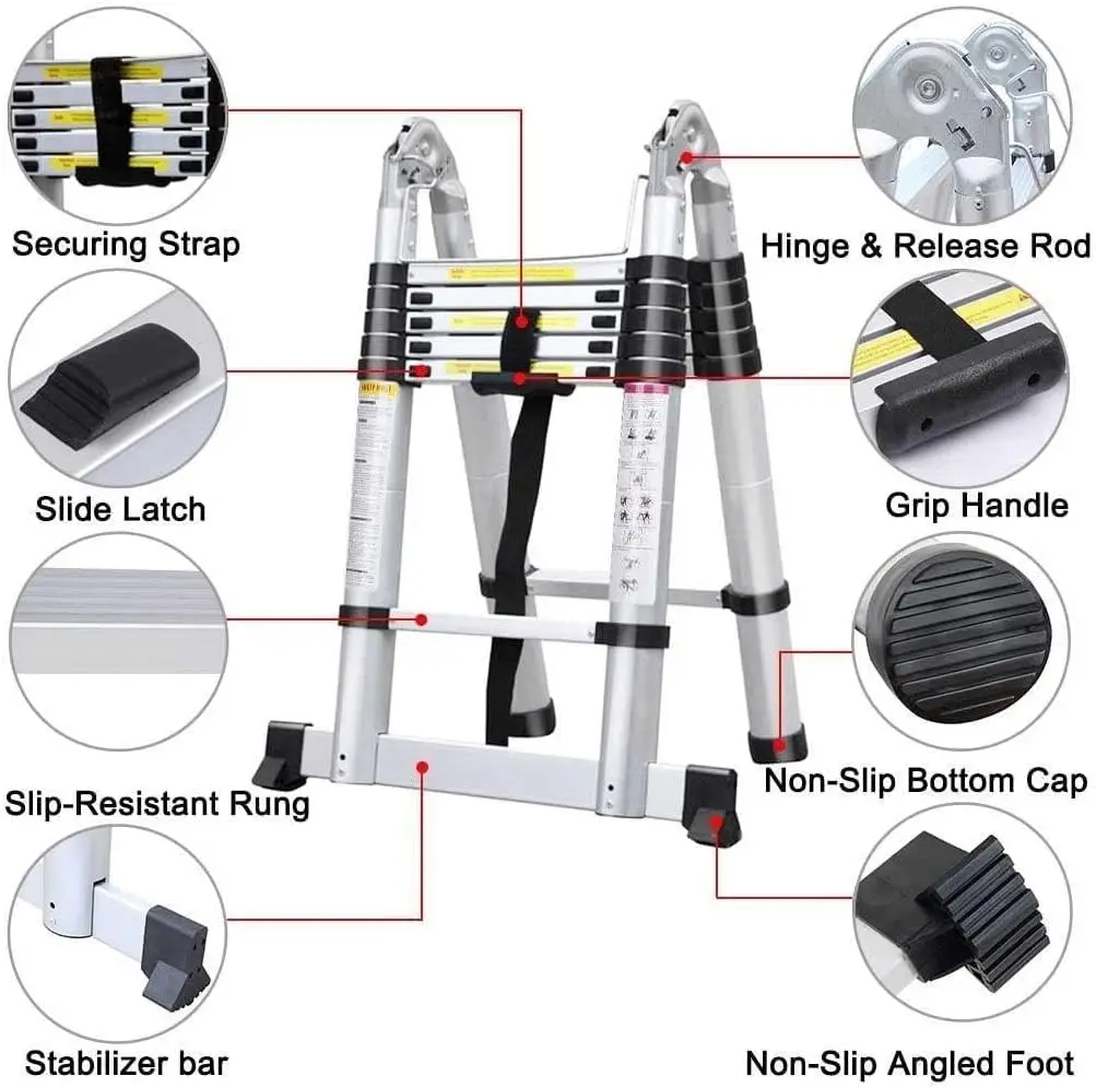 Escada Telescópica Multi-Purpose com Barra Estabilizadora para Casa, Uma Estrutura, Alumínio, Extensão Telescópica, 3.8m, EN131