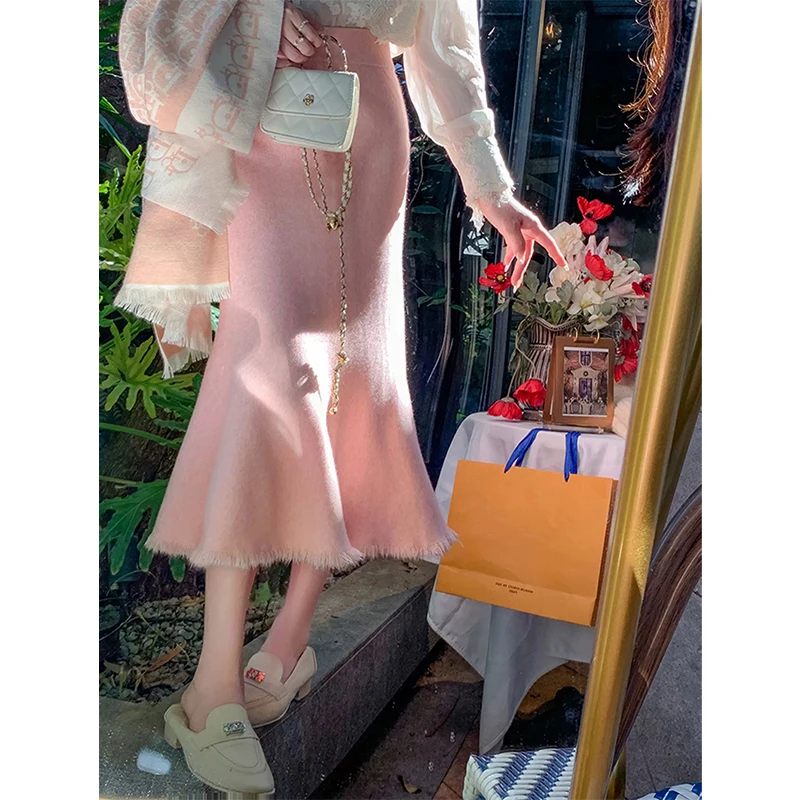 

MEXZT Pink Knitted Midi Skirt Women Elegant Tassel Patchwork Black Mermaid Skirts Winter Ladies Korean Fashion Trumpet Faldas