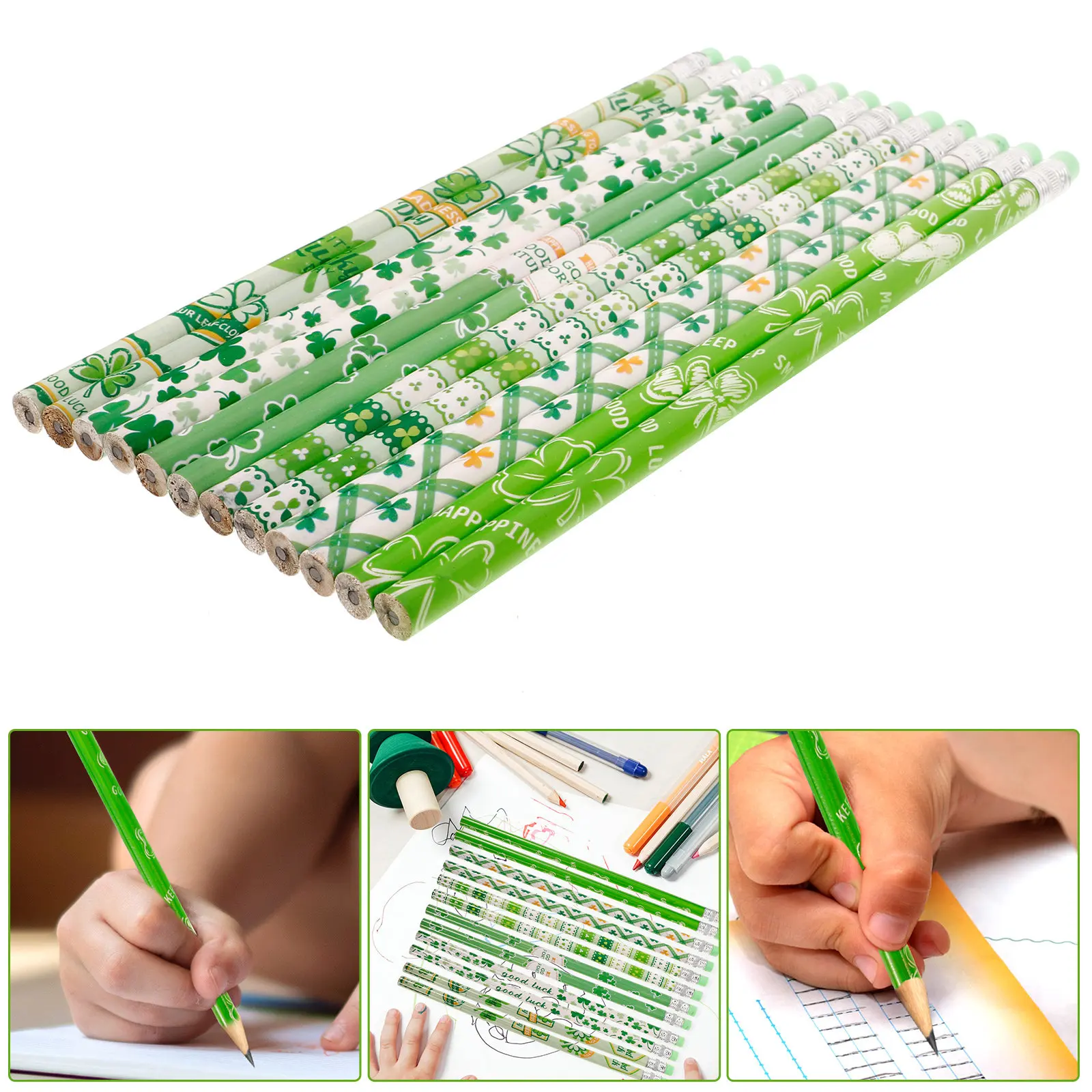 

12Pcs Four Leaf Clover Pencils Non-Fading Colors Eraser Latex-Free Comfortable Grip Writing Sketch Drawing Pencils St Patrick