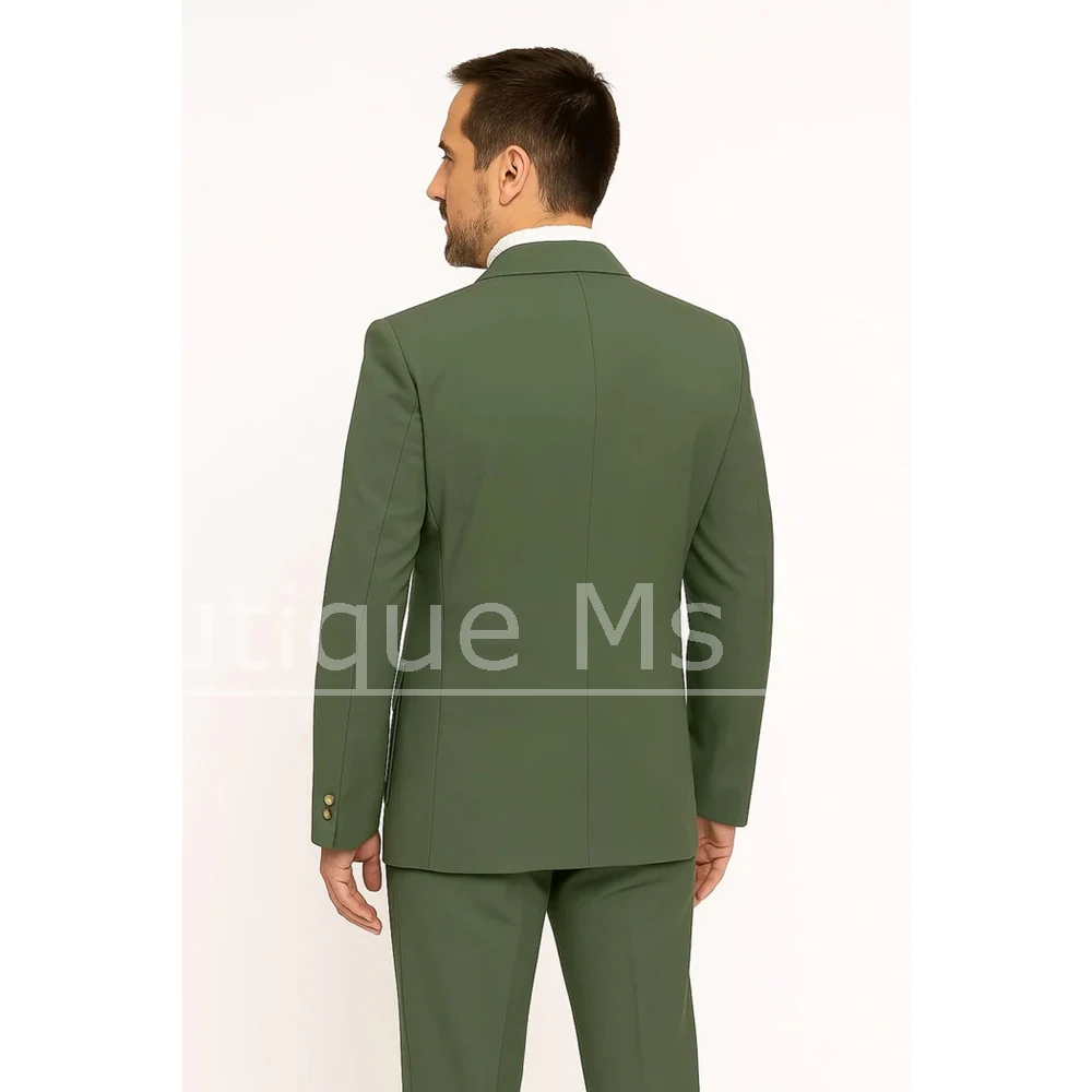 Men's Olive Green Suit Set with Gold Buttons and Multiple Pockets Single Breasted Stylish Attire for Smart Casual Party Wedding