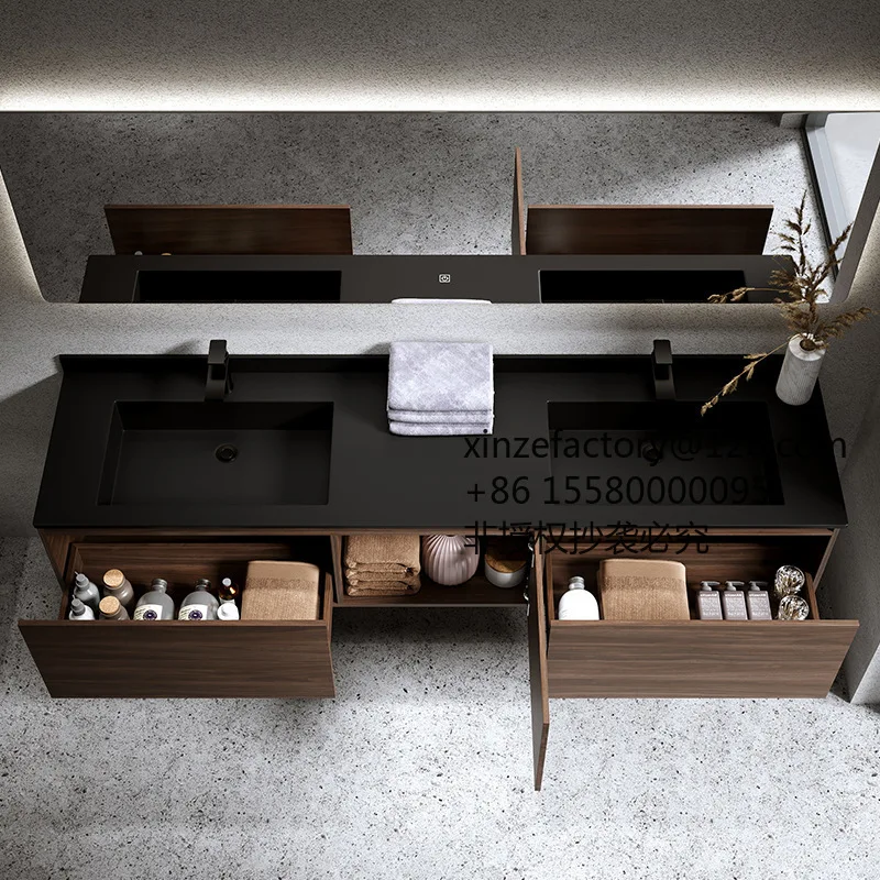 

Factory Direct 2026 Top RatedRock slab bathroom cabinet integrated double basin washbasin Nordic washbasin solid wood grain waln