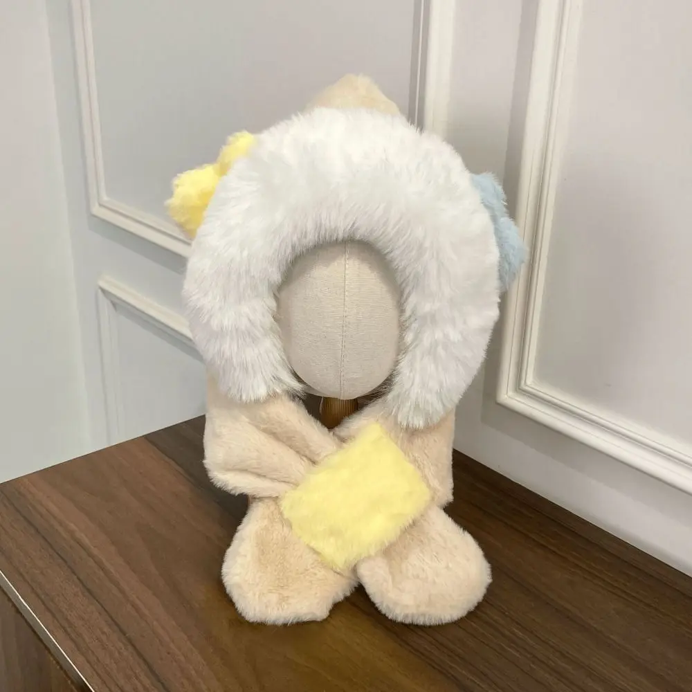 2-in-1 Hat Scarf Set Windproof Warm Cartoon Ear Integrated Hat and Scarf Thick Fluffy Hooded Scarf for Kids Winter Outdoor Use