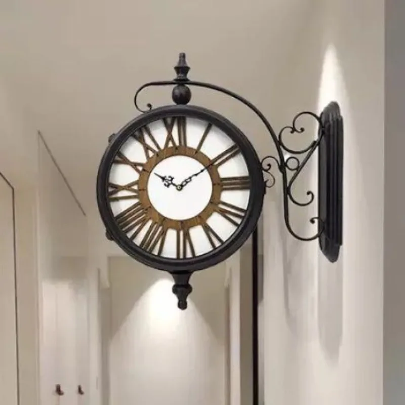 Ironwork Wall Clocks Double-sided Wooden Silent Pointer Wall Clock Retro European Roman-numerals Clocks Living Room Home Decor