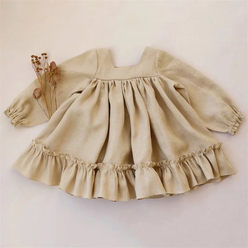 Toddler Girls Dress Spring Baby Girl Dress Ruffles Long Sleeve Linen Cotton Tutu Skirt Dress Baby Girl Clothing For 1-5 Years