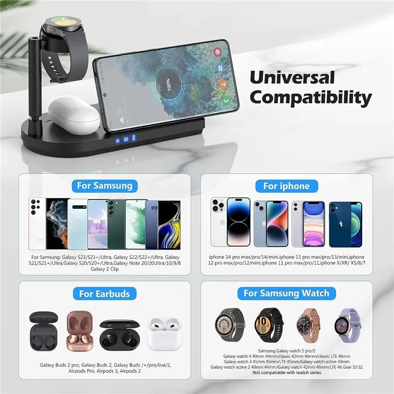 Foldable 3-in-1 Wireless Charger Stand With LED Night For iPhone 17~12 Apple Watch AirPods Pro or For Samsunng Galaxy Watch Buds - view 6