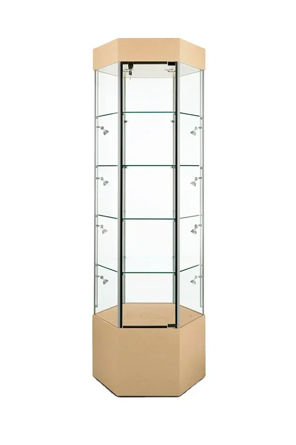 رائجة البيع علبة عرض زجاجية ذات 6 جوانب للتسوق رخيصة وجميلة