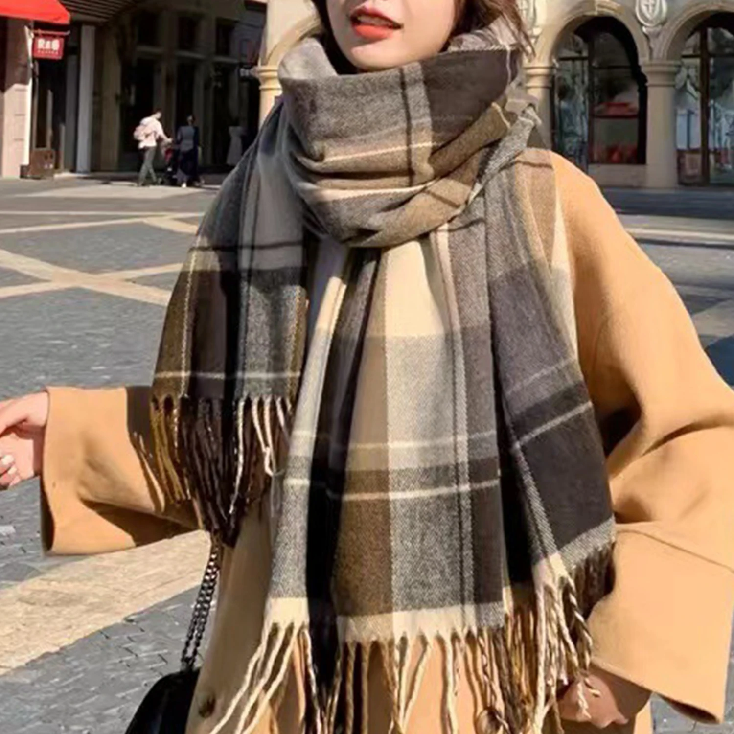 New Plaid Print Warm Travel Scarf Women Cashmere Winter Pashmina With Tassel Shawl Wraps Long Casual Neckerchief