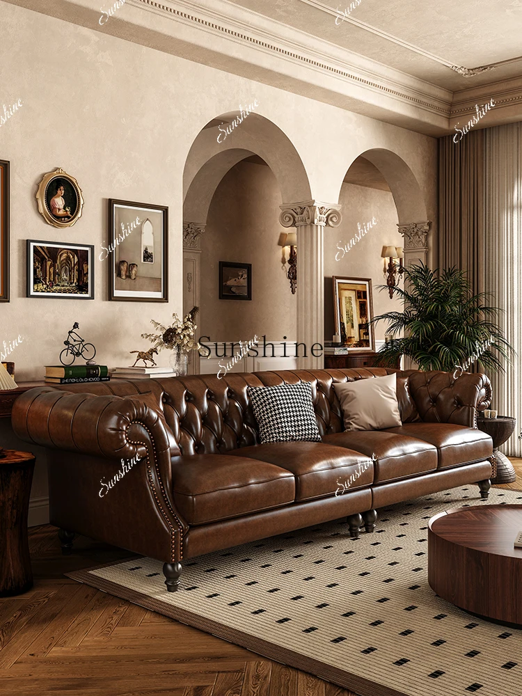 American retro first-layer cowhide living room straight row small apartment brown sofa  FT