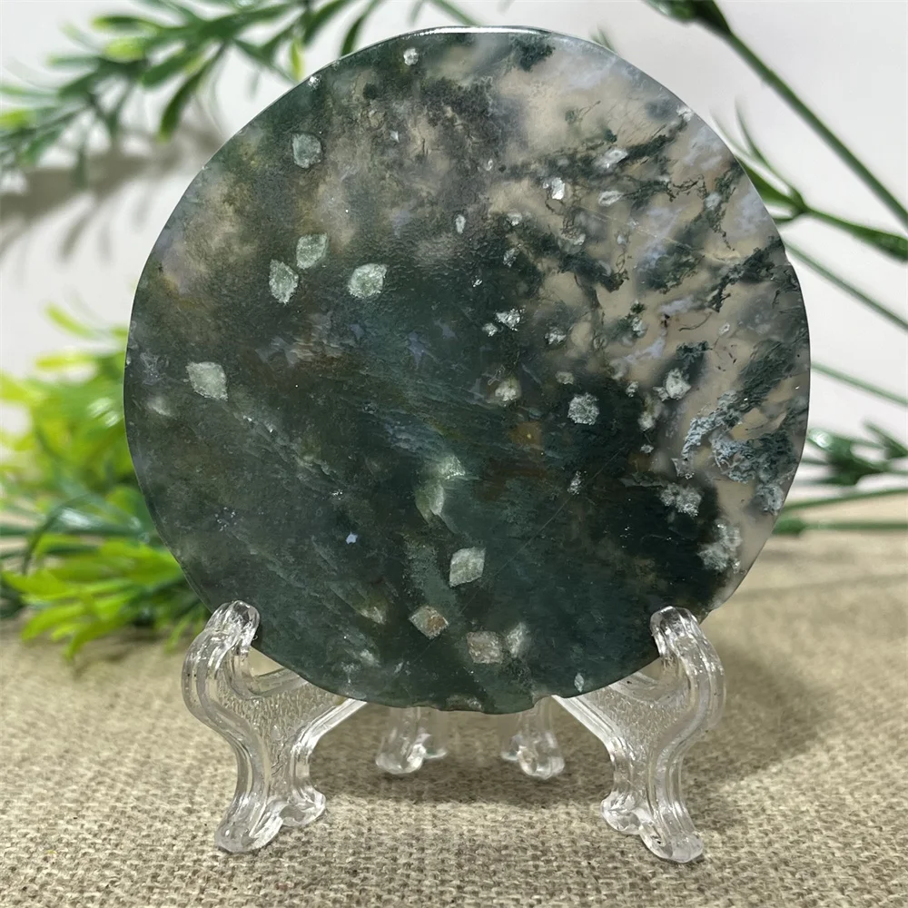 Crystal Natural Moss Agate Slab Slice Stone Quartz Reiki Carving Healing Mineral Specimen Home Stone Decoration Energy +Stand