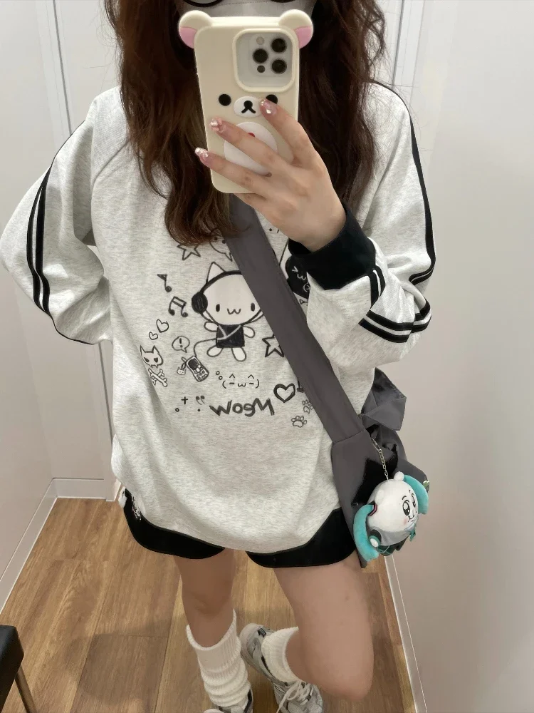 ADAgirl Anime Cat Print Hoodies Women Kawaii Kitty Long Sleeve Sweatshirt Oversized Streetwear Stripe Grey Autumn Winter Clothes