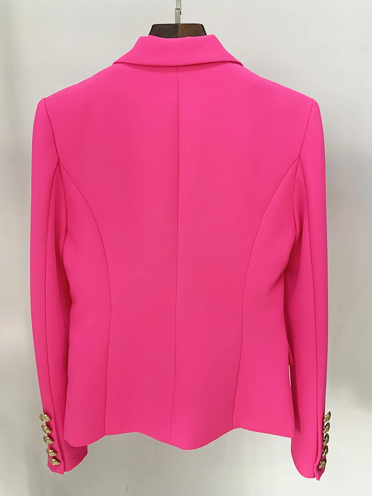 HIGH STREET 2024 Stylish Designer Blazer Women's Classic Double Breasted Metal Buttons Slim Fitting Blazer Jacket Hot Pink