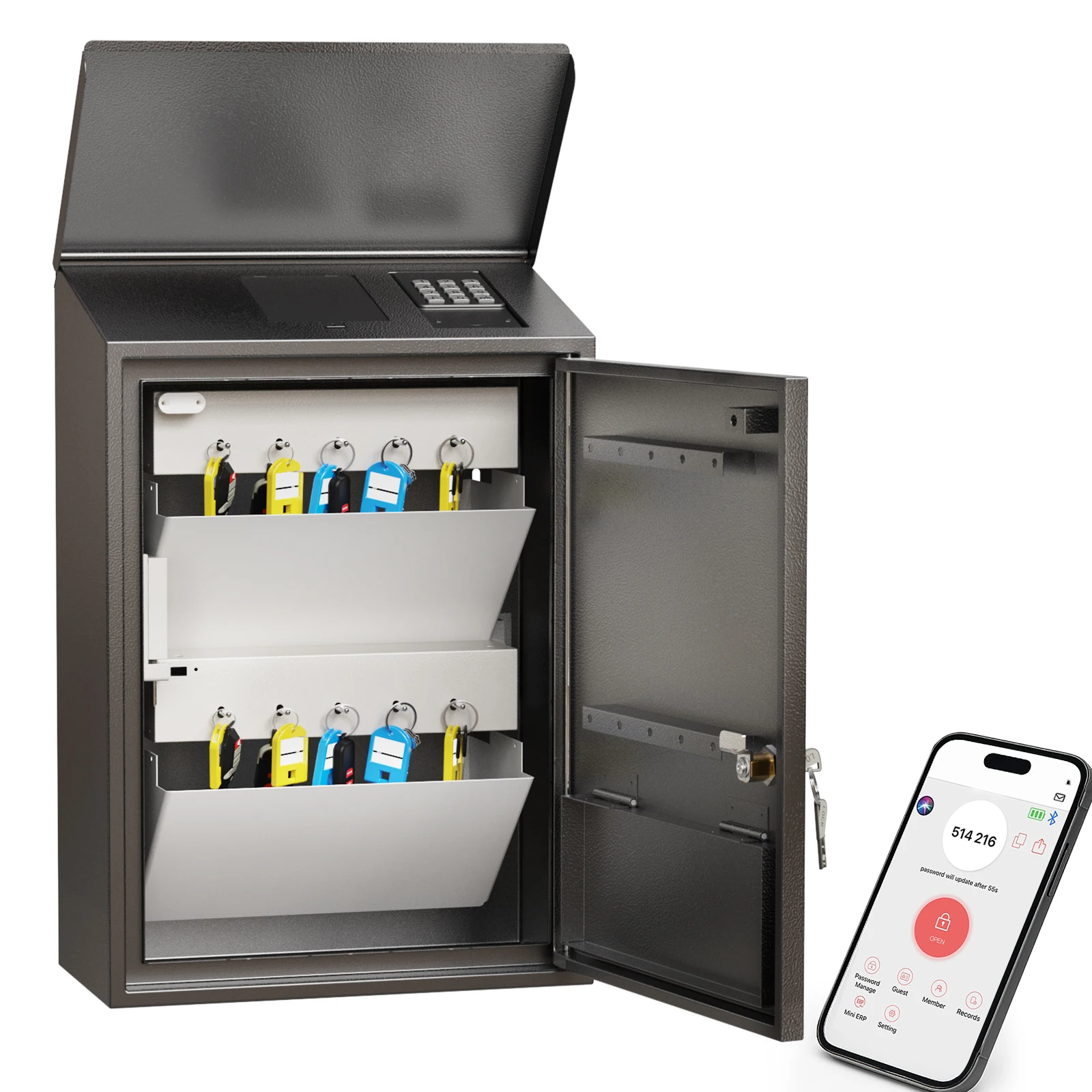 Automatic Key Drop Smart Key Lock Box, 10-Key Key Cabinet with Retrieval Bay, App Bluetooth & Passcodes Access