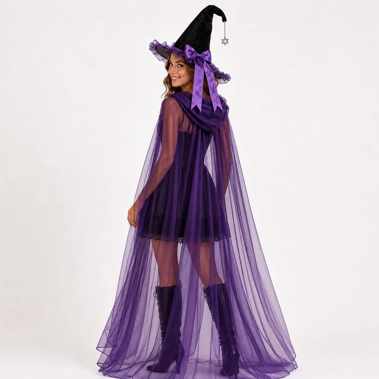 2PCS/SET Halloween Velvet Witch Hat with Ruffle Bow Star Hooded Cloak Lace-up Black Color Overcoats Vintage Cosplay Costume