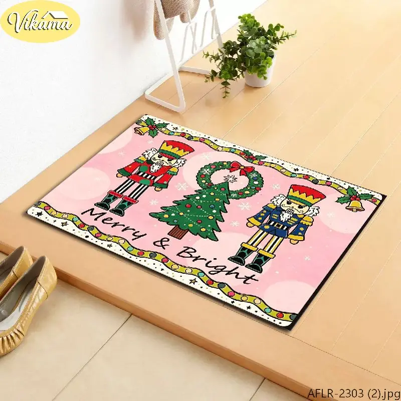 VIKAMA Christmas Doormat Nutcracker Tree Wreath Bells Coir Entrance Doormat for Outdoor Front Door Porch Xmas Home Decor