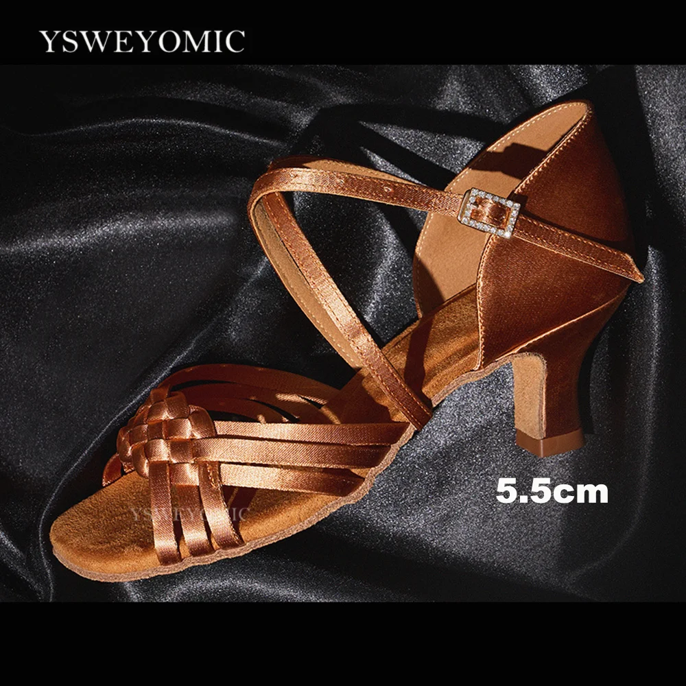 Brown White Adult Professional Latin Dance Shoes Women's Mid-Heel Soft-Soled Indoor Dance Shoes for National Standard Cha-cha