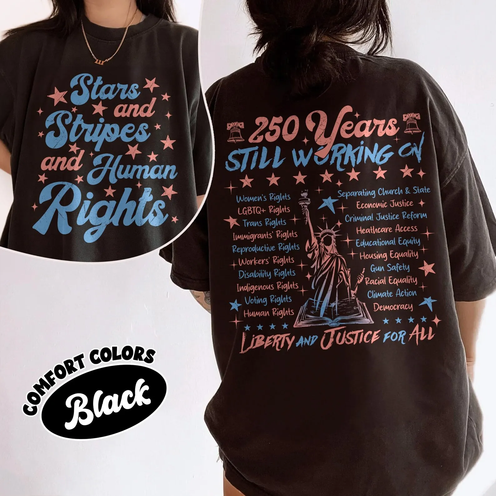 Stars and Stripes and Human Rightscotton Shirt, 250 Years America On Social Justice, Patriotic 4th of July Tee