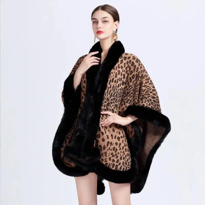 

Winter Jacquard Weave Cloak Women Thick Leopard Poncho Coat Faux Fur Collar Big Pendulum Dovetail Loose Cardigan Shawl Wear w443