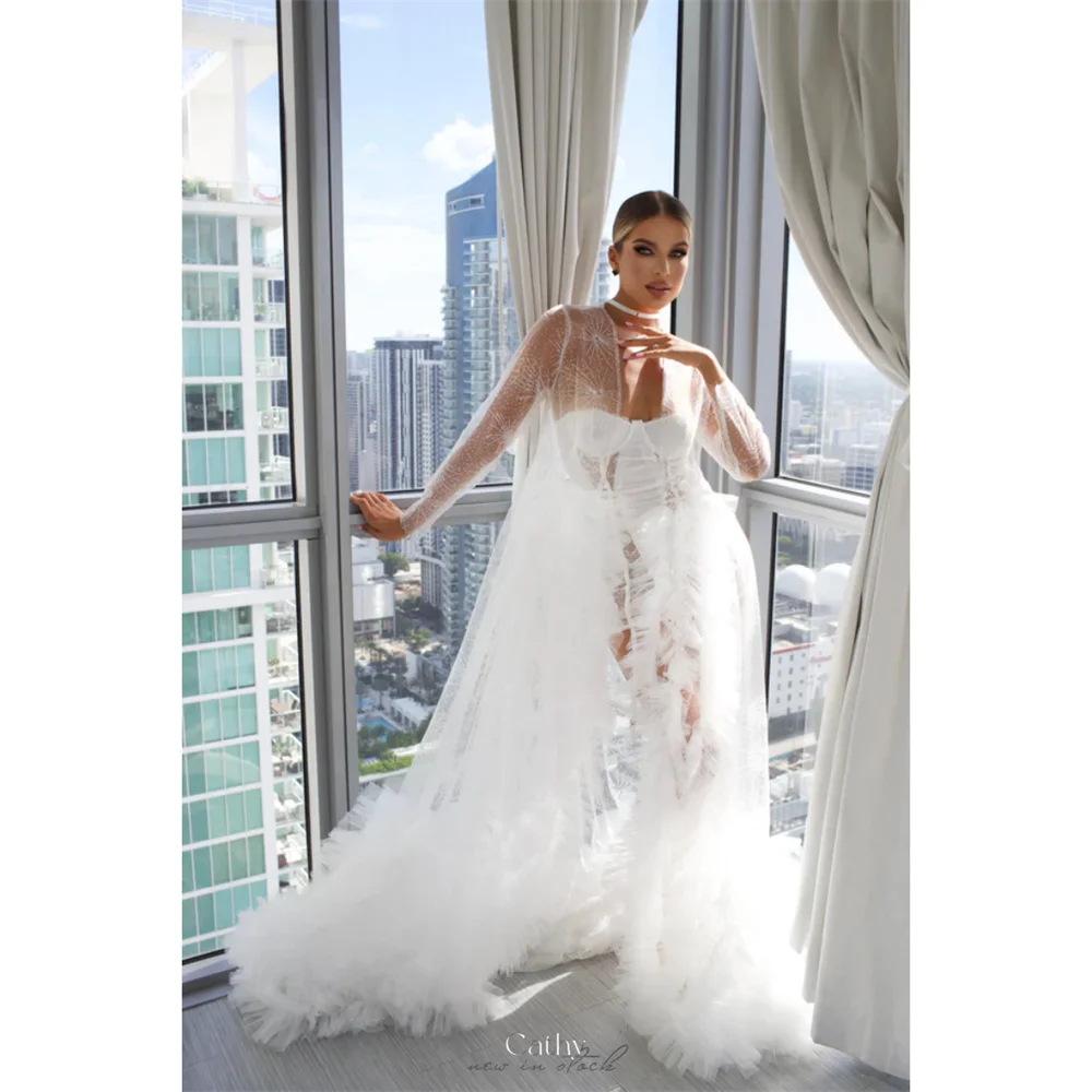 

Cathy White Tulle A-line Wedding Dress Sexy Side High Split vestidos de noiva Floor-Length Multi-Layered Evening Dresses 2024