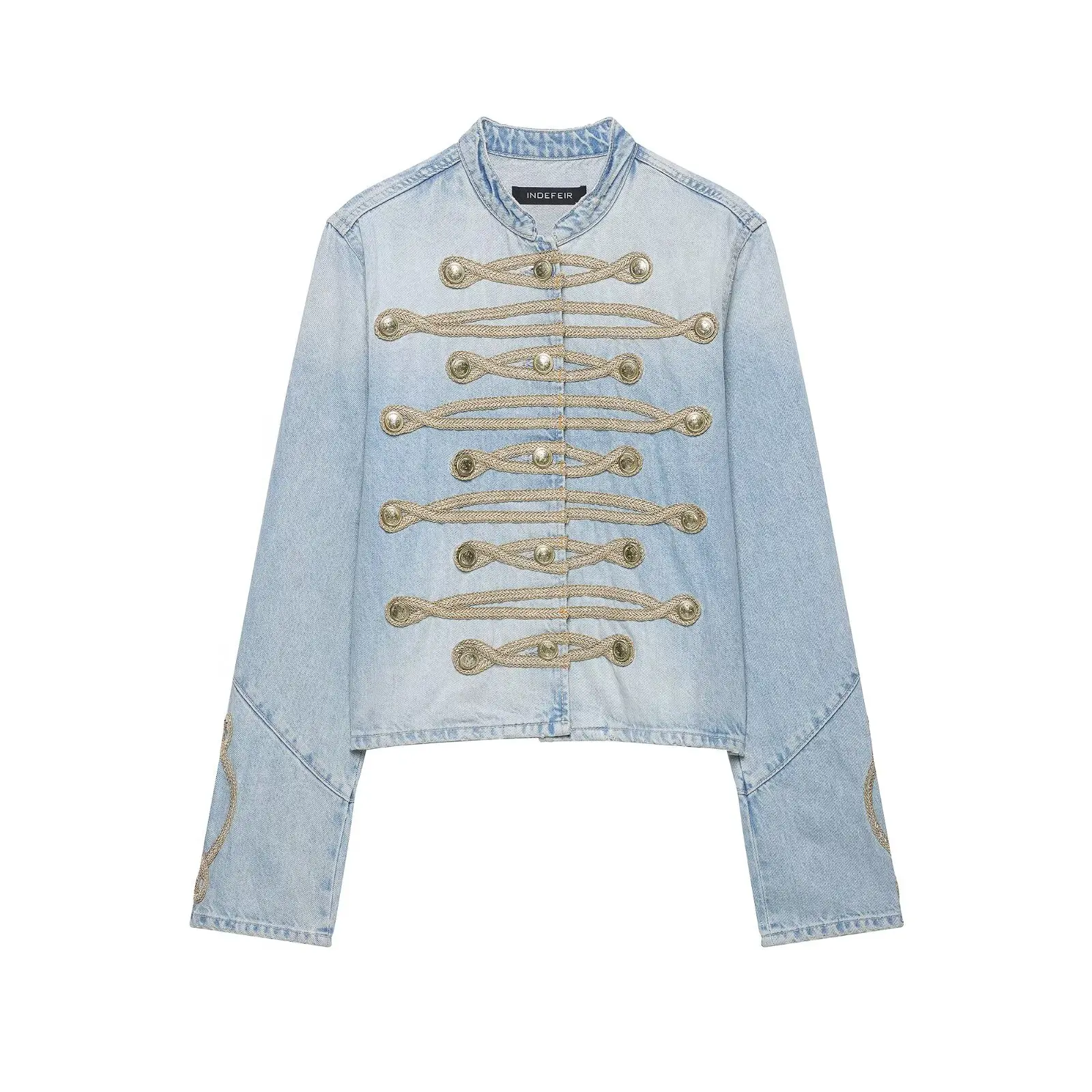 Damenmode Doppelreihige Dekorative Jeansjacken Freizeit Langarm-Mäntel Elegant Schick Frühling Herbst Urlaubs-Oberteil Neu – Detail 3
