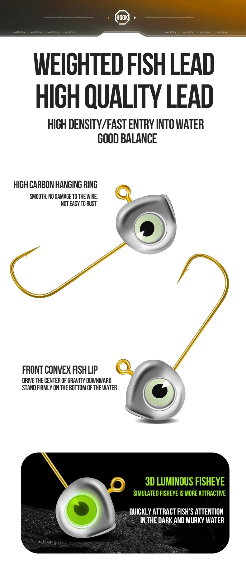TAIYU 10er-Pack 1g/2g/3g/4g/5g/7g Jigköpfe, Mikro-Köderhaken, Leuchtende 3D-Fischaugen-Jigköpfe, Verstärkte Kleine Goldhaken – Detail 4