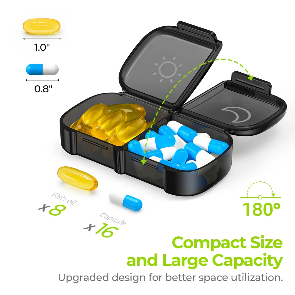 Weekly Pill Organizer 2 Times a Day Black Privacy Protection AM PM Pill Case for Vitamins, Medication, Supplements, Fish Oils