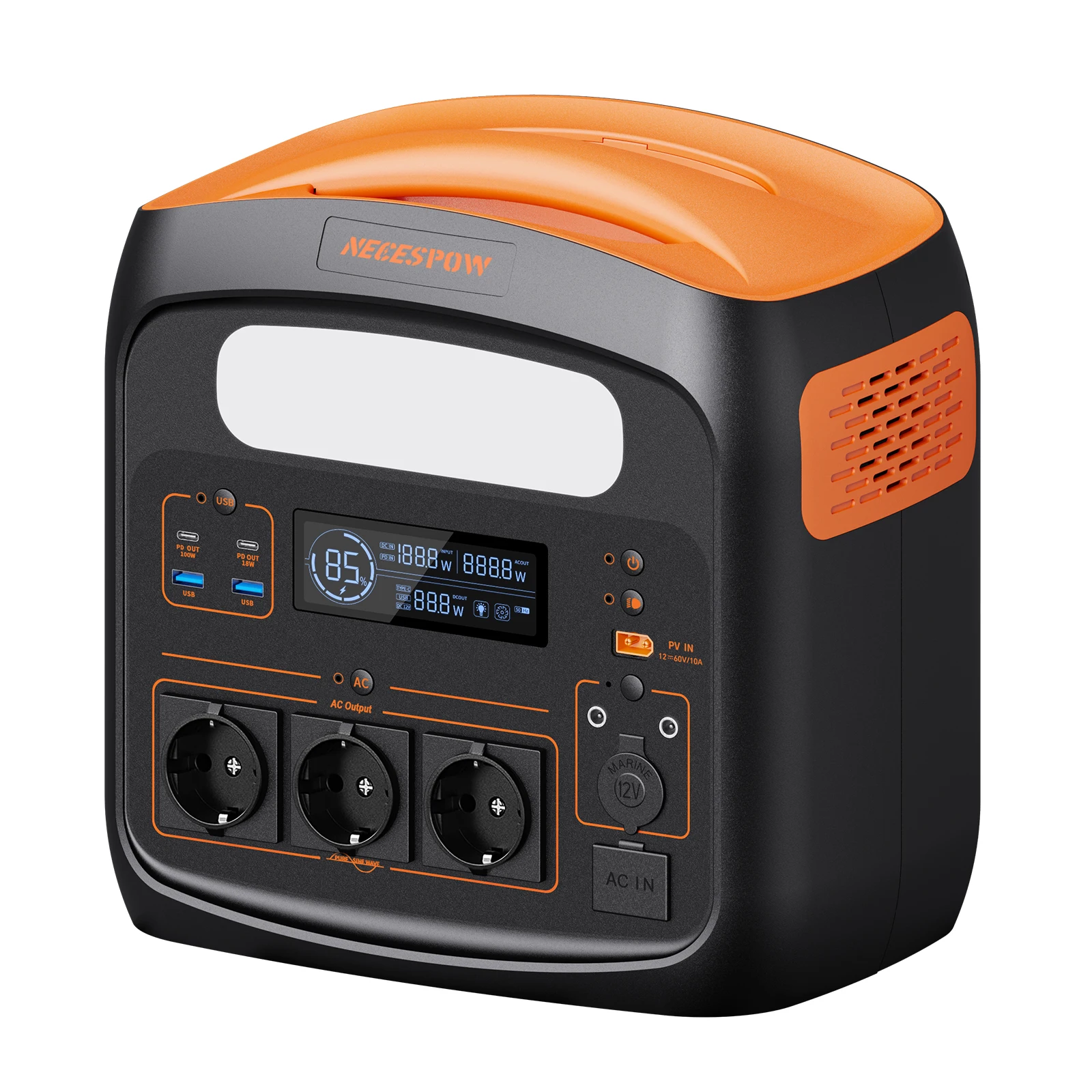 Przenośna stacja zasilania Necespow, moc ciągła 1800 W, moc szczytowa 3000 W, szybkie przełączanie zasilania UPS w 20 ms, 10 portów wyjściowych, maksymalna moc ładowania energią słoneczną MPPT 400 W, — 2