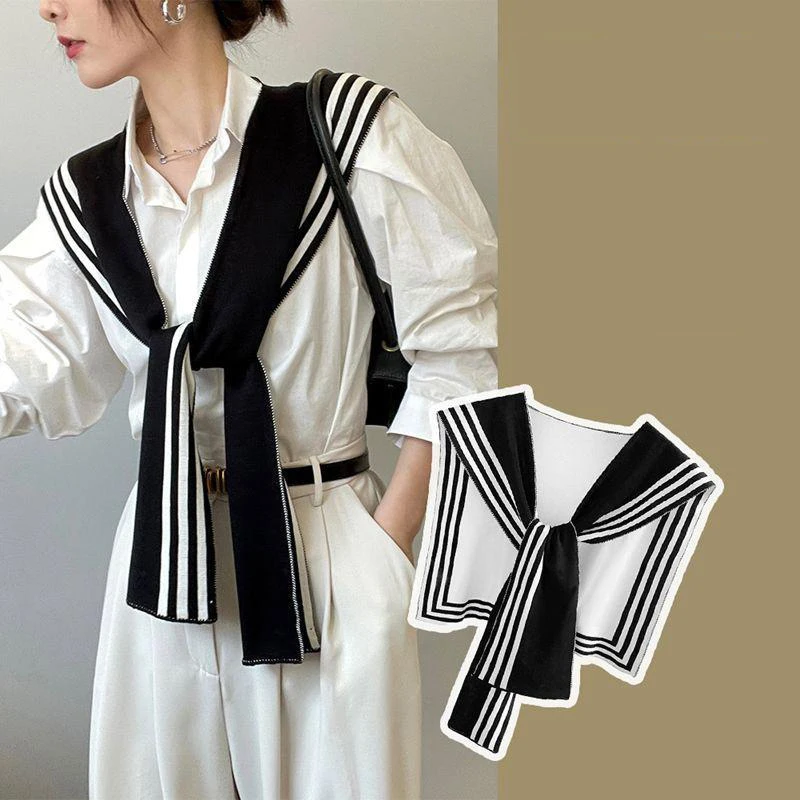 Fashionable And Versatile Small Shawl Women's Striped Outer Shirt Spring And Autumn Knitted Fake Collar Warm Shoulder