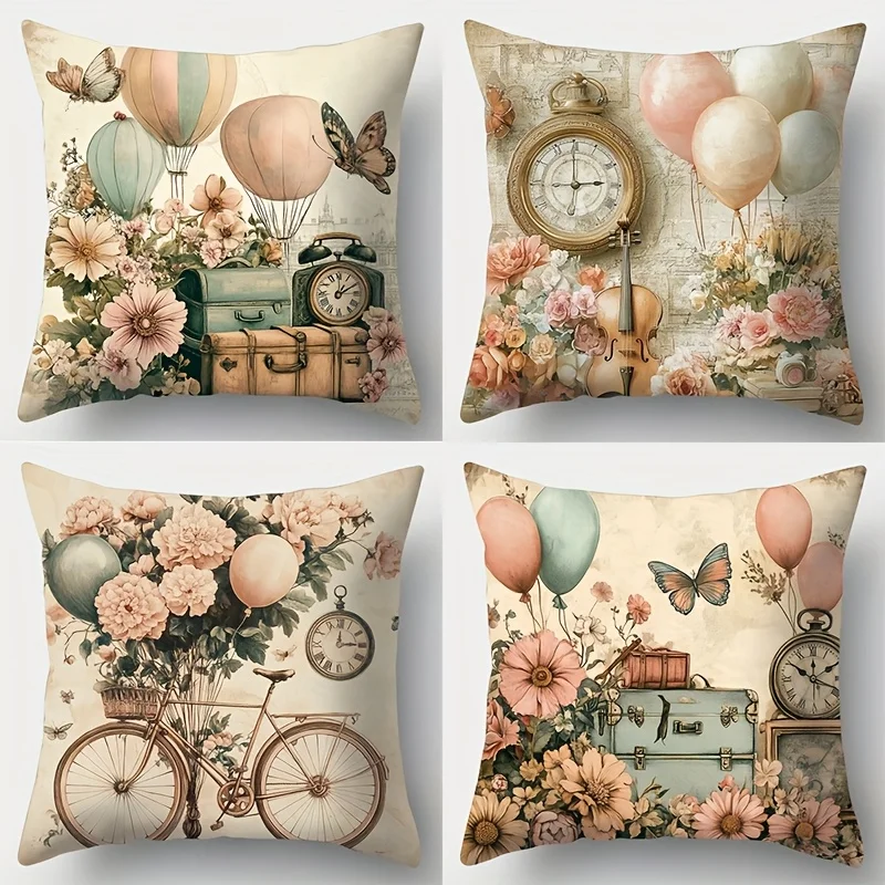 4pcs Nostalgic Art Pillow Covers 45x45cm Double-sided Printed Square Cushion Cases Living Room Decor Throw Pillows No Insert